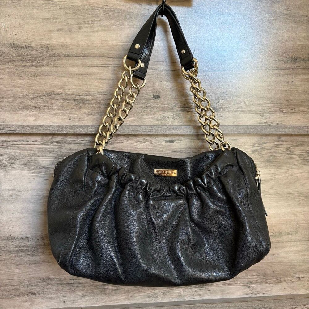 Kate Spade Black Leather Gold Chain Shoulder Bag Slouch Purse Good Used Conditio